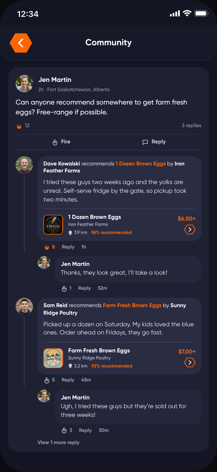A Bizbie community thread: Jen asks for farm fresh eggs, and each reply recommends an egg listing the person bought, with distance, recommendation rate and price