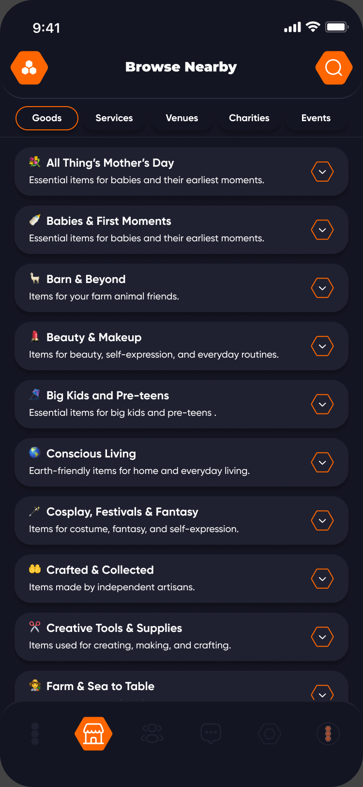 Bizbie Browse Nearby screen with categories for goods, services, venues, charities and events