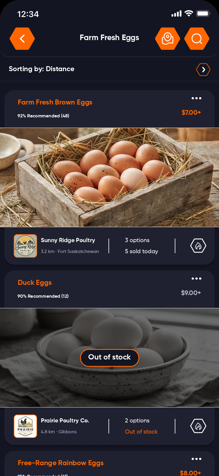 Bizbie Farm Fresh Eggs listings with prices and an out-of-stock item