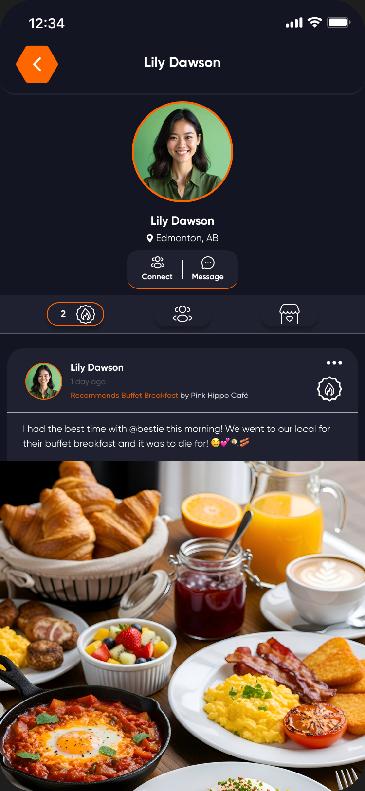 A Bizbie profile with a recommendation for a buffet breakfast at Pink Hippo Café