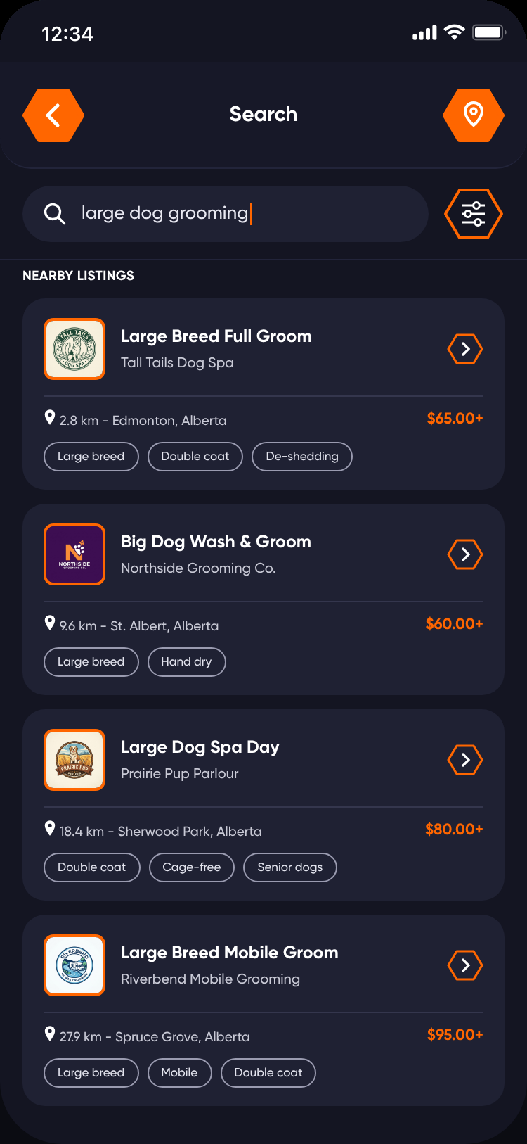 Bizbie search results for large dog grooming: four groomers that take big dogs, sorted by distance
